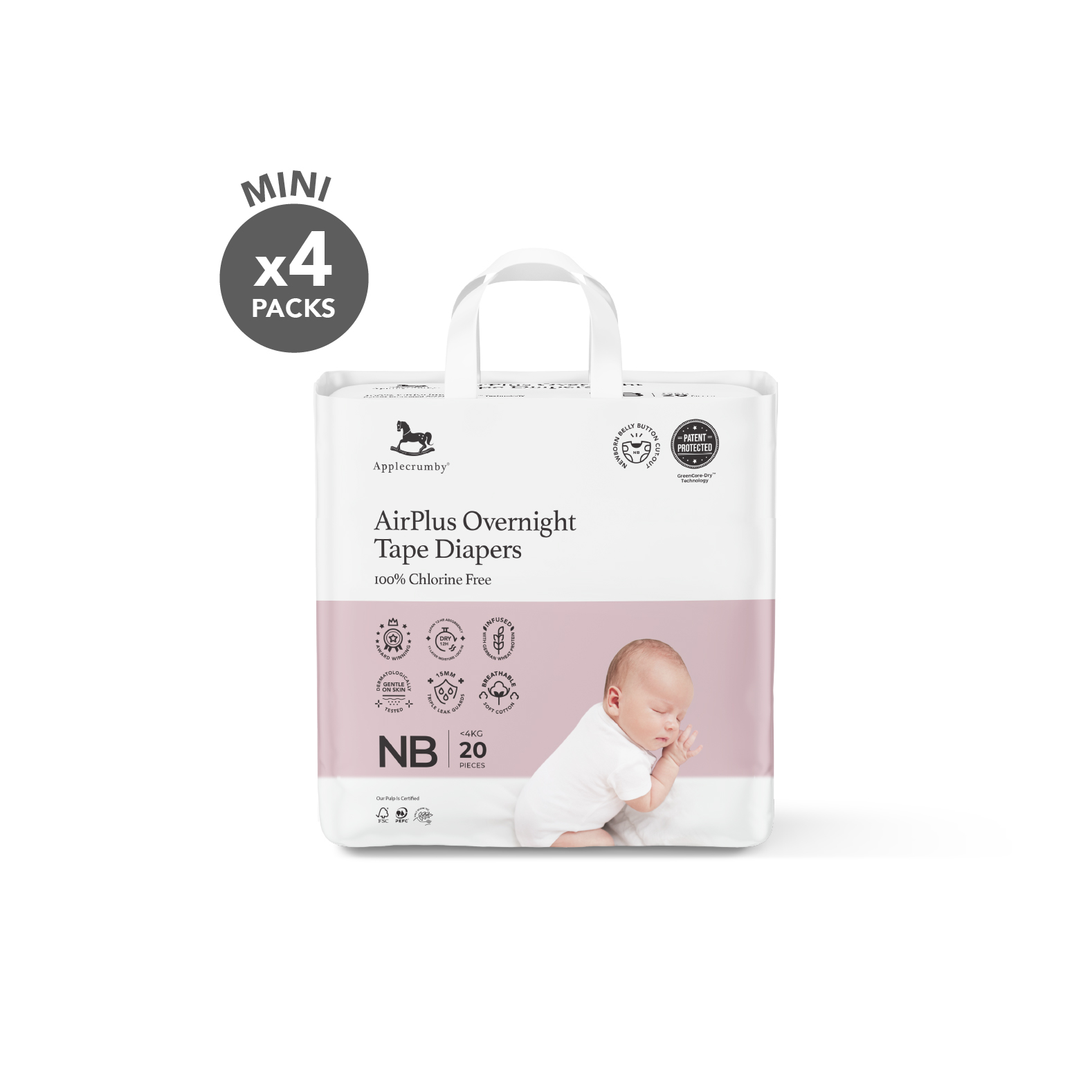 Applecrumby AirPlus Overnight Tape Newborn Diapers (4 Packs)